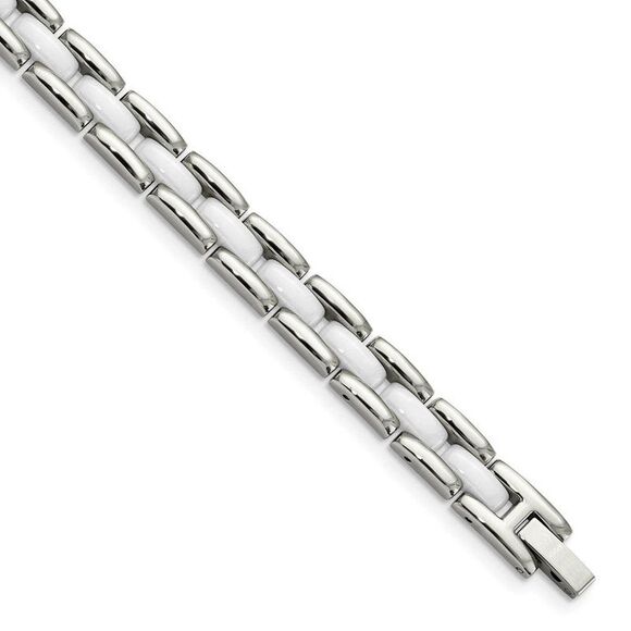 Stainless Steel and White Ceramic Bracelet 8 Inch